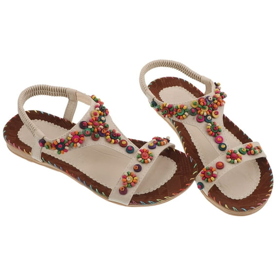 LOLIPPYY Summer Sandals Boho Style Beige Plastic Pu Flat Ethnic Design Breathable Easy On Off Women