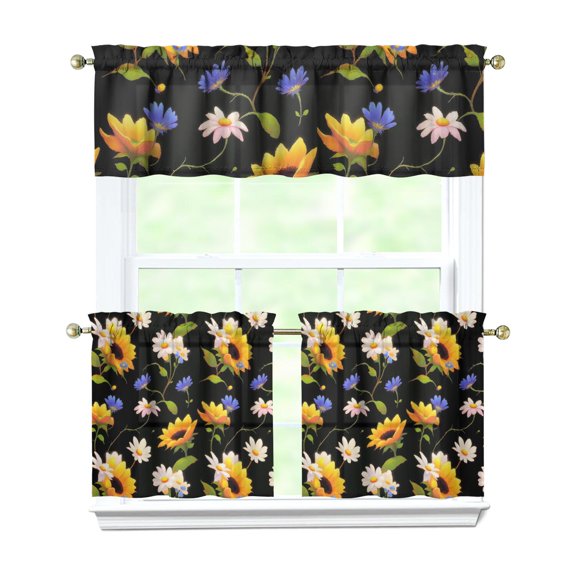 the Small Daisy Sunflower Is Black Kitchen Curtains and Valances Set-3 Piece Kitchen Curtains Sets with Valance for Windows Rod Pocket Machine Washable Kitchen Decor(54"x18" 2x27.5"x24")