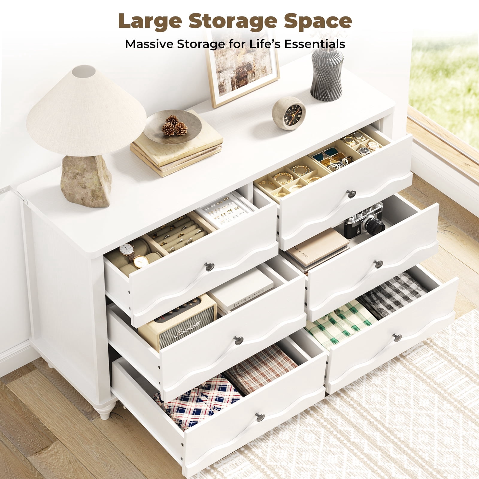 Homieasy 6-Drawer Dresser for Bedroom - 43" Modern Chest of Drawers with Scalloped Front, Storage Organizer for Living Room, Hallway & Entryway,White
