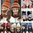 thumbnail image 1 of Cheers.US 3Pcs/Set Beanie Pompom Neck Warmer Scarf Set Women Winter Hat Outdoor Riding Buttons Pompom Knitted Hat Face Cover Neck Scarf Set, 1 of 5