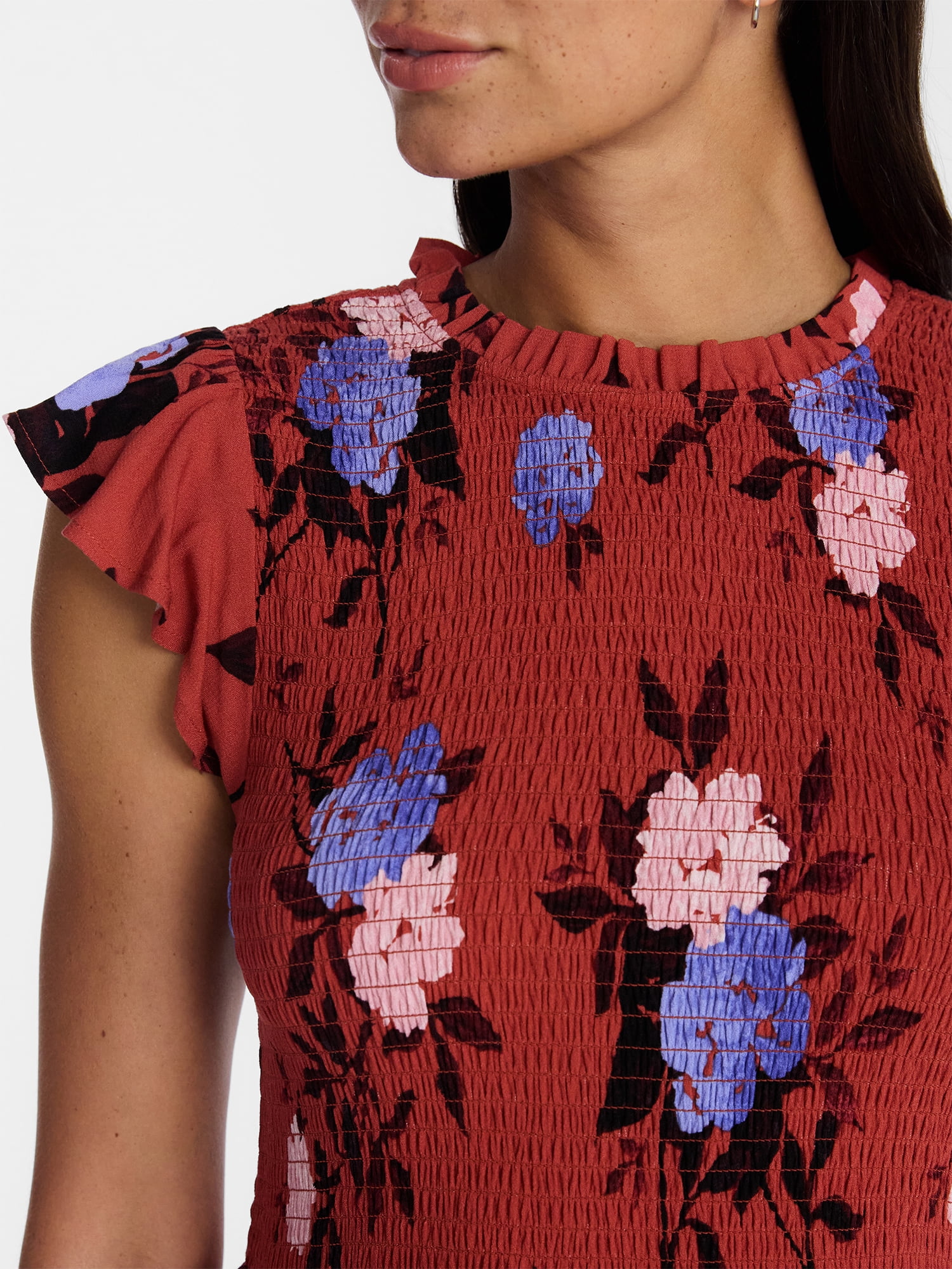 Time and Tru Women's and Women's Plus Smocked Bodice Midi Woven Dress, Sizes XS-4X