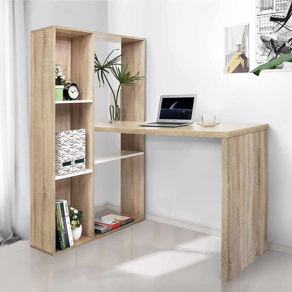 Modern L Shaped Computer Desk with Bookshelf, Home Office Workstation for Bedroom Study Room, Walnut Modern L Shaped Computer Desk with Bookshelf, Home Office Workstation for Bedroom Study Room, Walnut