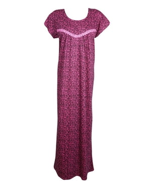 Mogul Women Dark Pink Maxi Kaftan Cap Sleeves Printed Round Neck Sleepwear Nightwear Cover Up Housedress 3XL