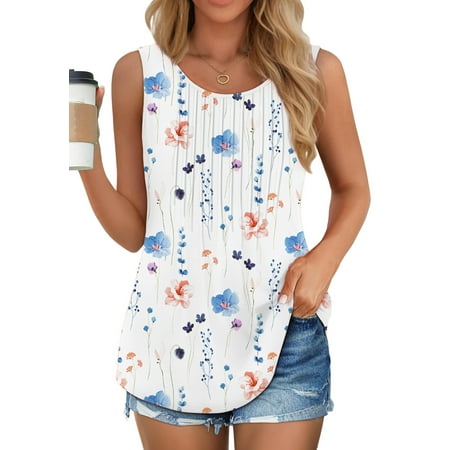 Fantaslook Womens Tank Tops Dressy Casual Sleeveless Blouses Crew Neck Pleated Tunic Shirts Summer Tops