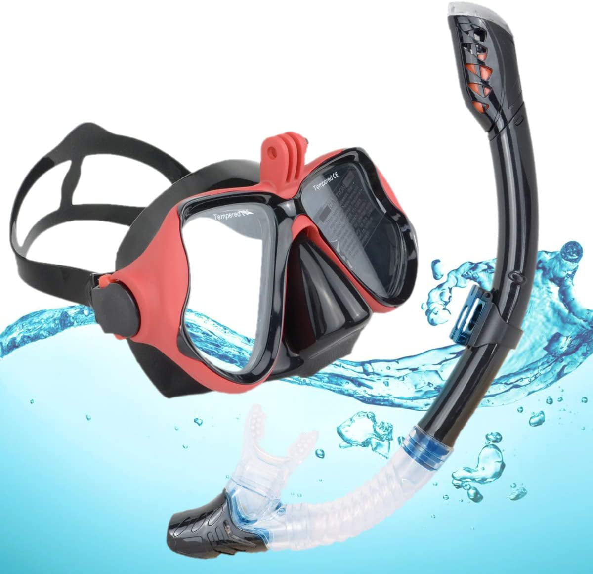 Snorkel Set Adults with Go Pro Mount Tempered Glass Anti-fog Anti-Leak Snorkel 