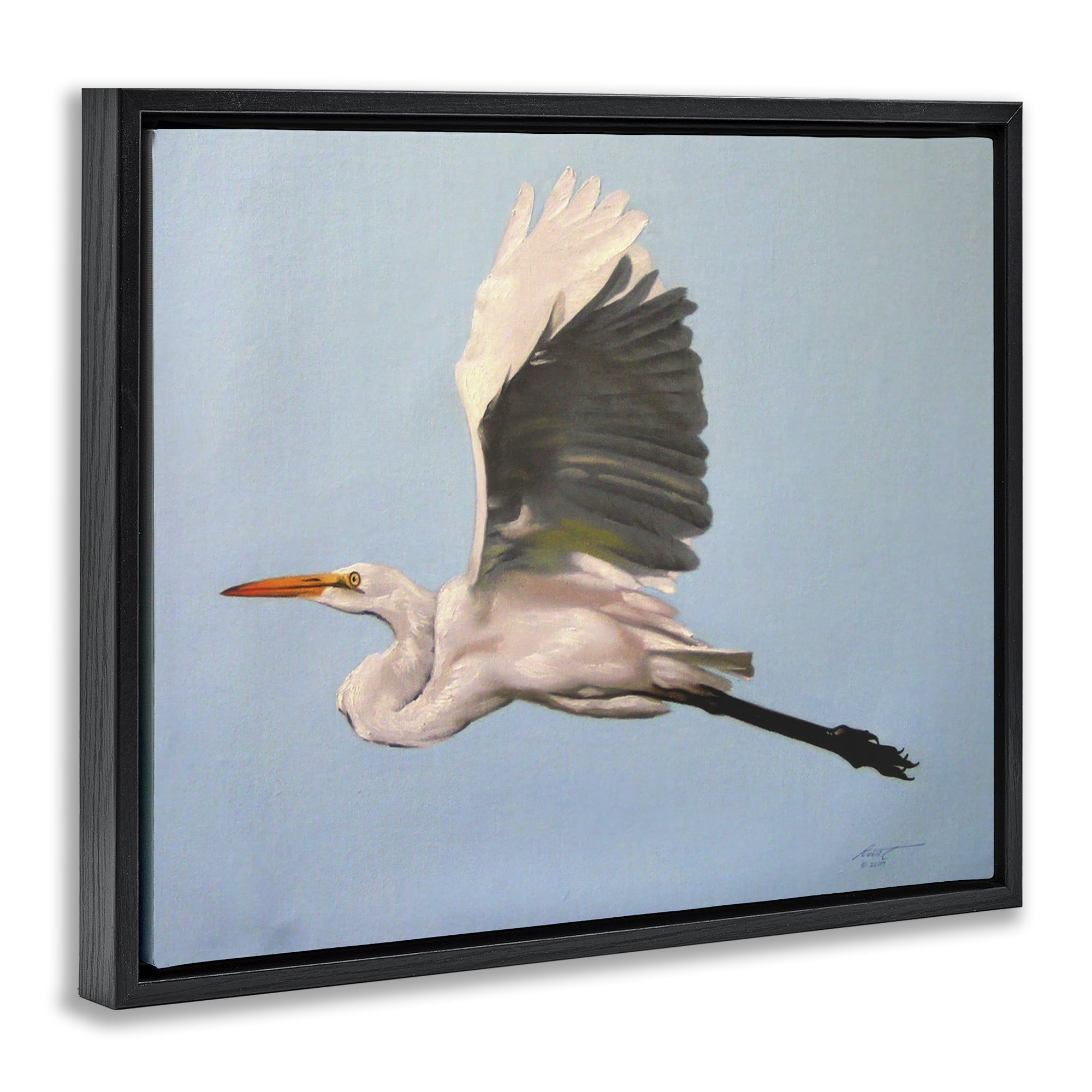 Stupell Industries Graceful Egret Flying Animals & Insects Painting Black Floater Framed Canvas Art Print Wall Art, 31 x 25