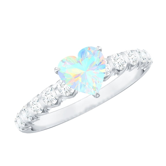 Rosec Jewels Ethiopian Opal Heart Engagement Ring with Diamond - 0.7 Carat Opal Ring for Women - AAA Quality, 925 Sterling Silver, US 4.00