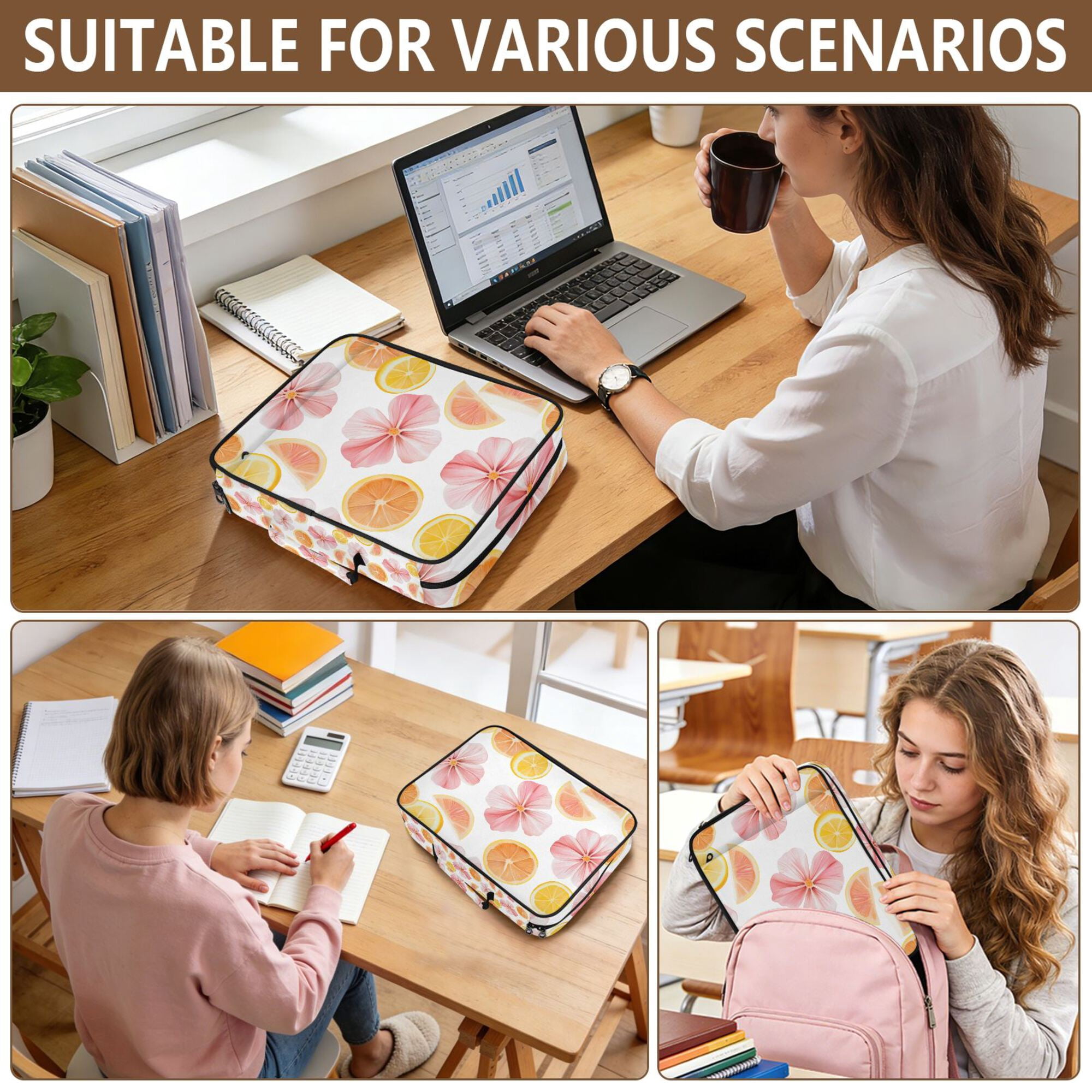 FORMRS Accordion File Folder A4 Size 7-Pocket Expanding Document Organizer Bag with 3 Ring Binder, Floral Orange