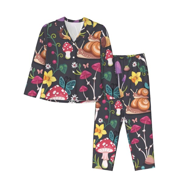 Balery Mushrooms Snails Butterflies Conjunto de Pijama con Estampado para Mujer, Conjunto de Dos Piezas con Manga Larga, Ropa de Dormir Suave con Bolsillos, Pijamas Cómodos-XX-Large