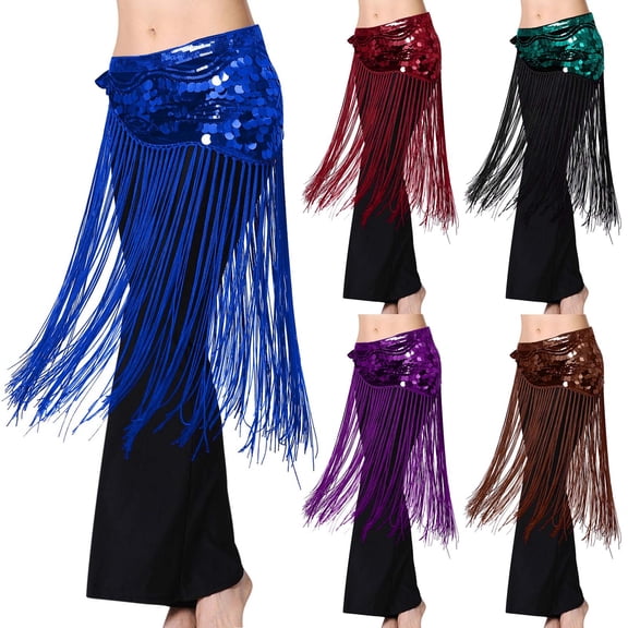 Nfurl Women's Belly Dance Sequin Tassel Skirts Elegant Hip Scarf Warp Skirt Shiny Glitter Sparkly Fringe Skirts for Women Green Free Size