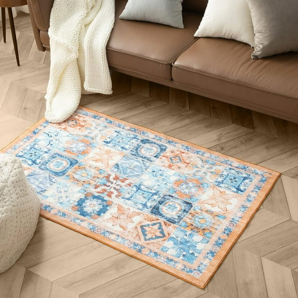 Area Vintage Boho Rugs for Living Room, Machine Washable Area Rugs with Non-Slip Backing, Indoor Rug Vintage Bohemian Area Rug Home Decor, Room Decor, 2 x 3 ft, Orange, 1 Pack