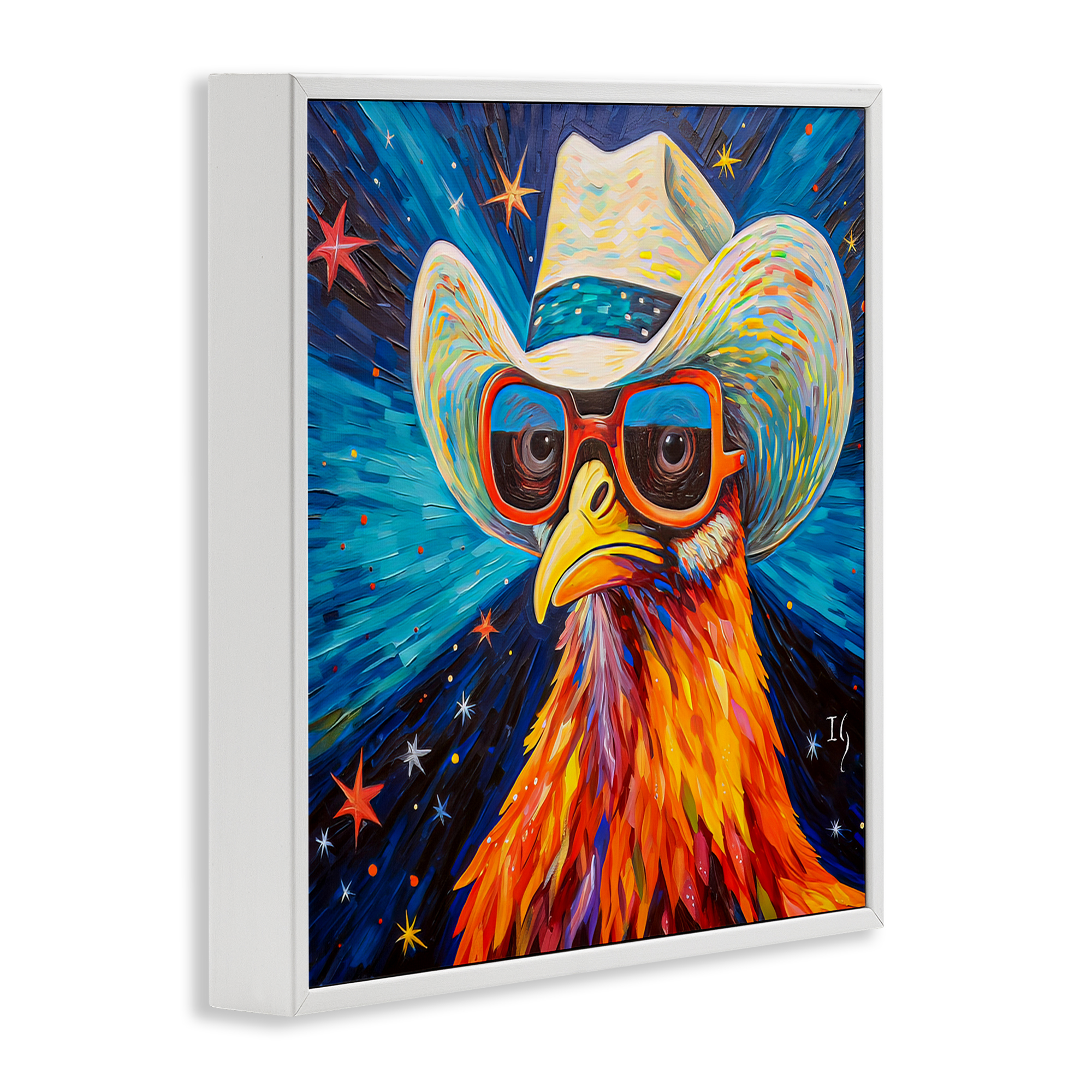 Stupell Industries Cowboy Chicken with Stars Animals & Insects Painting White Framed Art Print Wall Art, 12 x 12