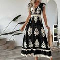thumbnail image 4 of MORTTIC Women's Floral Print V-Neck Maxi Dress with Short Sleeves & Smocked Waist Flowy Summer Beach Dress Black，XXL, 4 of 7