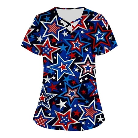 

QWANG 2023 Plus Size Independence Day Printed Scrub Working Uniform Tops For Women Cross V-Neck Short Sleeve Fun T-Shirts Workwear Tee With Pockets