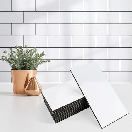 100 Pieces Peel and Stick Backsplash for Kitchen, 3" x 6" PVC Subway Tile 2026 Upgraded Glossy White with Dark Gray Grout Backsplash Stick on Tile Elevate Kitchen, Bathroom, Fireplace,RV