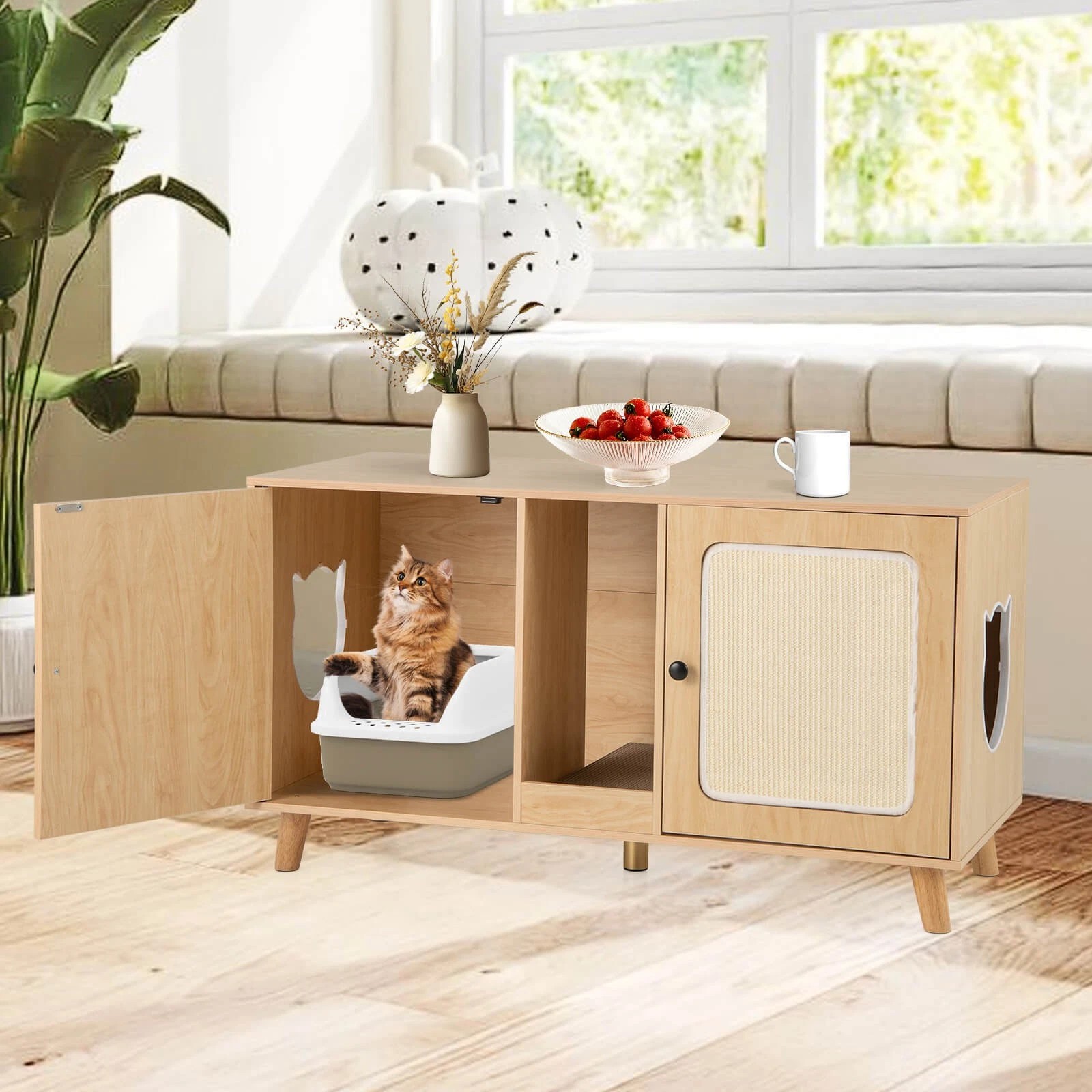 Auranook 43" Cat Litter Box Enclosure for 2 Cats w/ Double Rooms 2 Sisal Scratching Mats