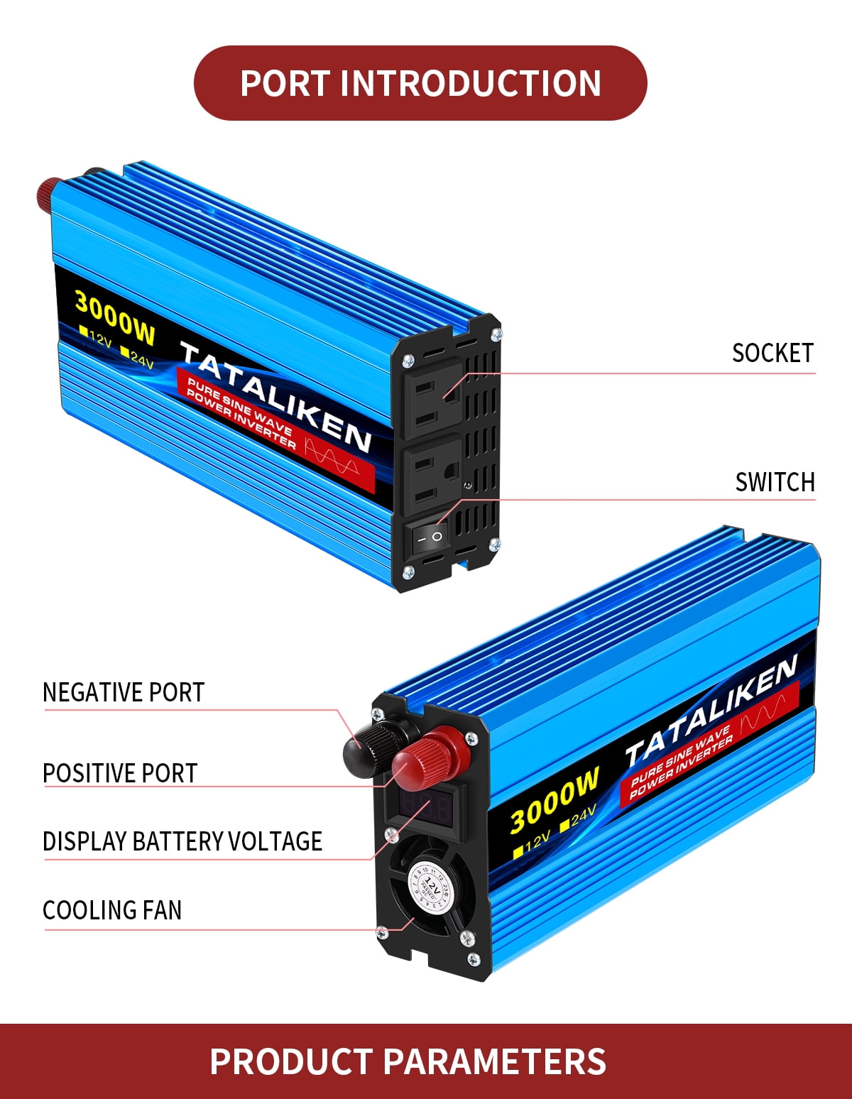 Power Inverter 10000W DC 12V to AC 110V 60HZ Pure Sine Wave Inverter with LCD Display Remote Control 4AC Outlets