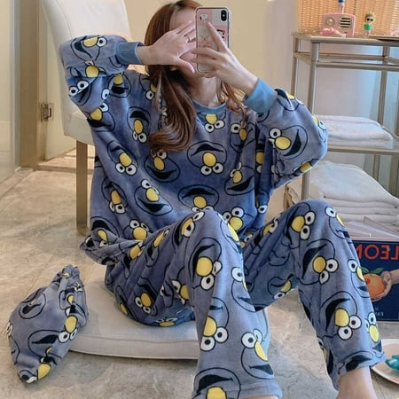 

Autumn Winter New Warm Flannel Women s Pajamas Set Long-sleeved Trousers Two-piece Set Cute Soft Home Wear Clothes for Women