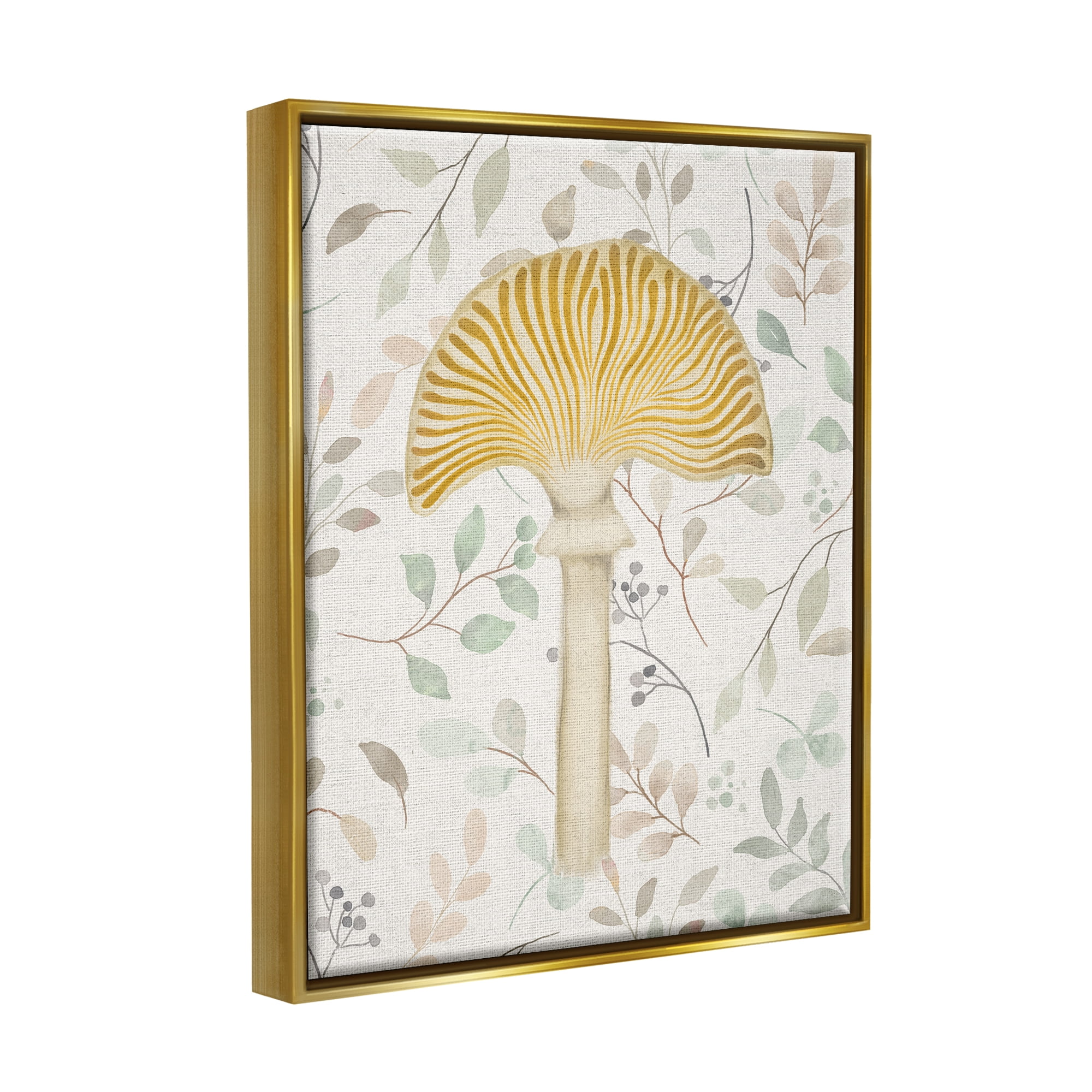 Stupell Industries Yellow Mushroom & Leaves Botanical & Floral Painting Gold Floater Framed Canvas Art Print Wall Art, 25 x 31