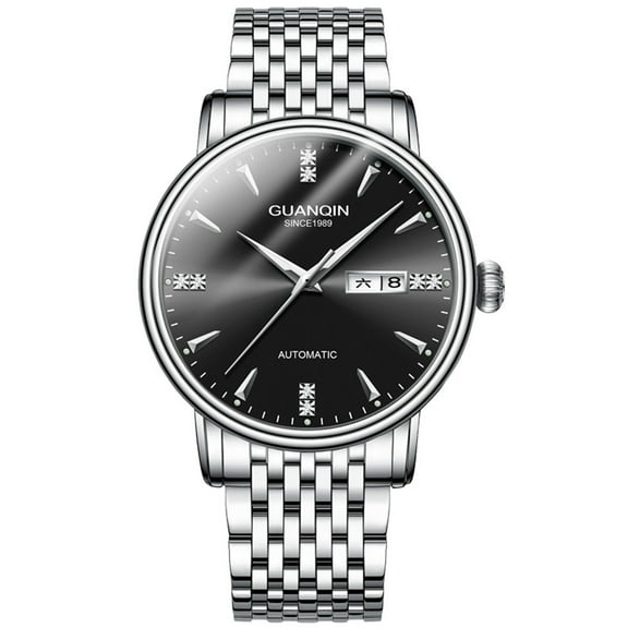 GUANQIN Men Automatic Mechanical Stainless Steel Business Rhinestones Dial Wrist Watch Sapphire Crystal Waterproof Self-Winding Clock Day Date Luminous