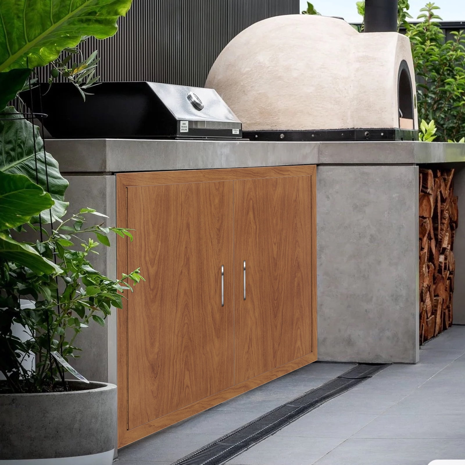 GARITIN Outdoor Kitchen Door, Stainless Steel Cabinet Door with Wood Grain Finish, Water Resistant & Insect Resistant Double Door for Outdoor Kitchen Storage, Wood