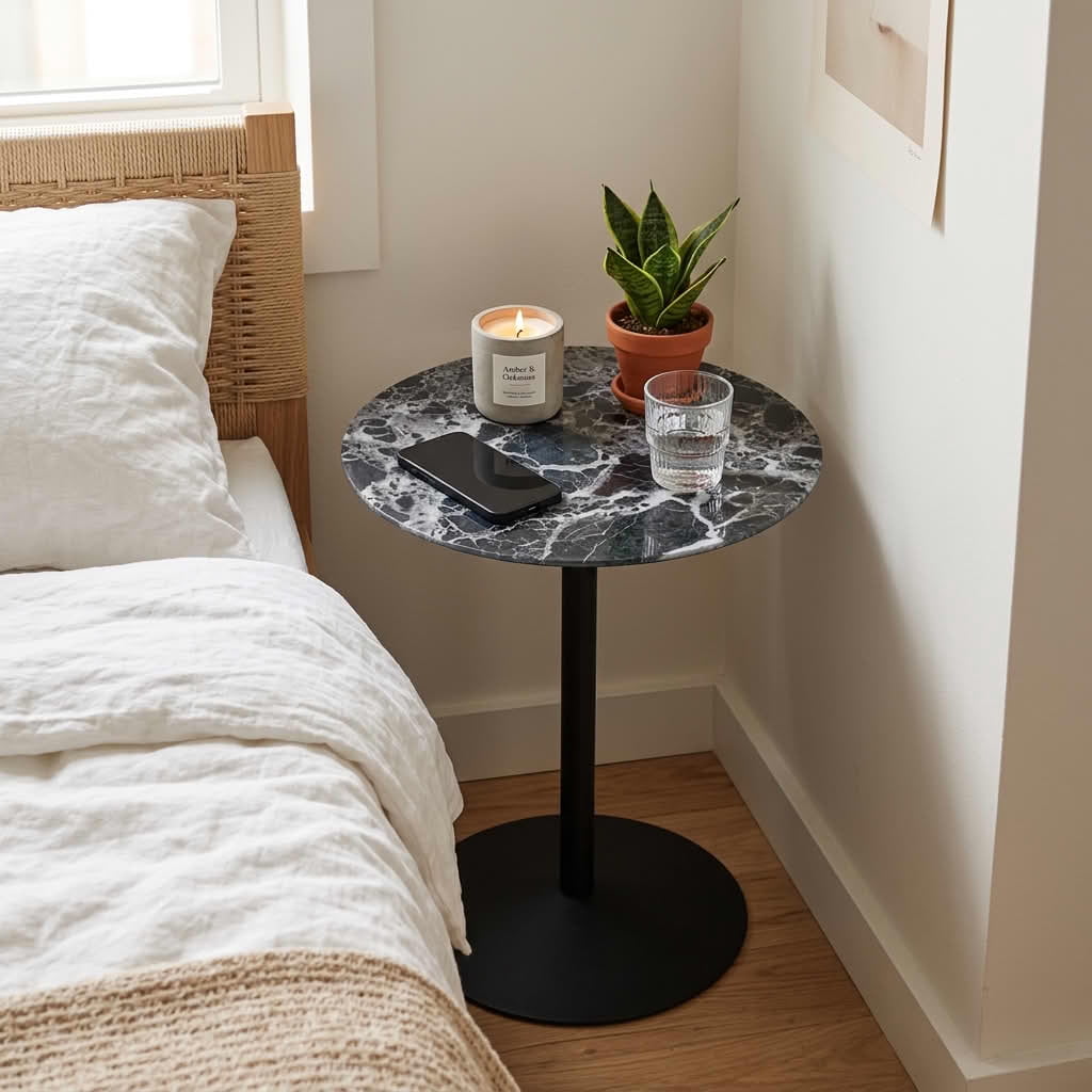 MAYEERTY 17.5 Inch Small Round Tulip Side Table, Marble Textured Glass Top, Sturdy Steel Base for Living Room & Bedroom