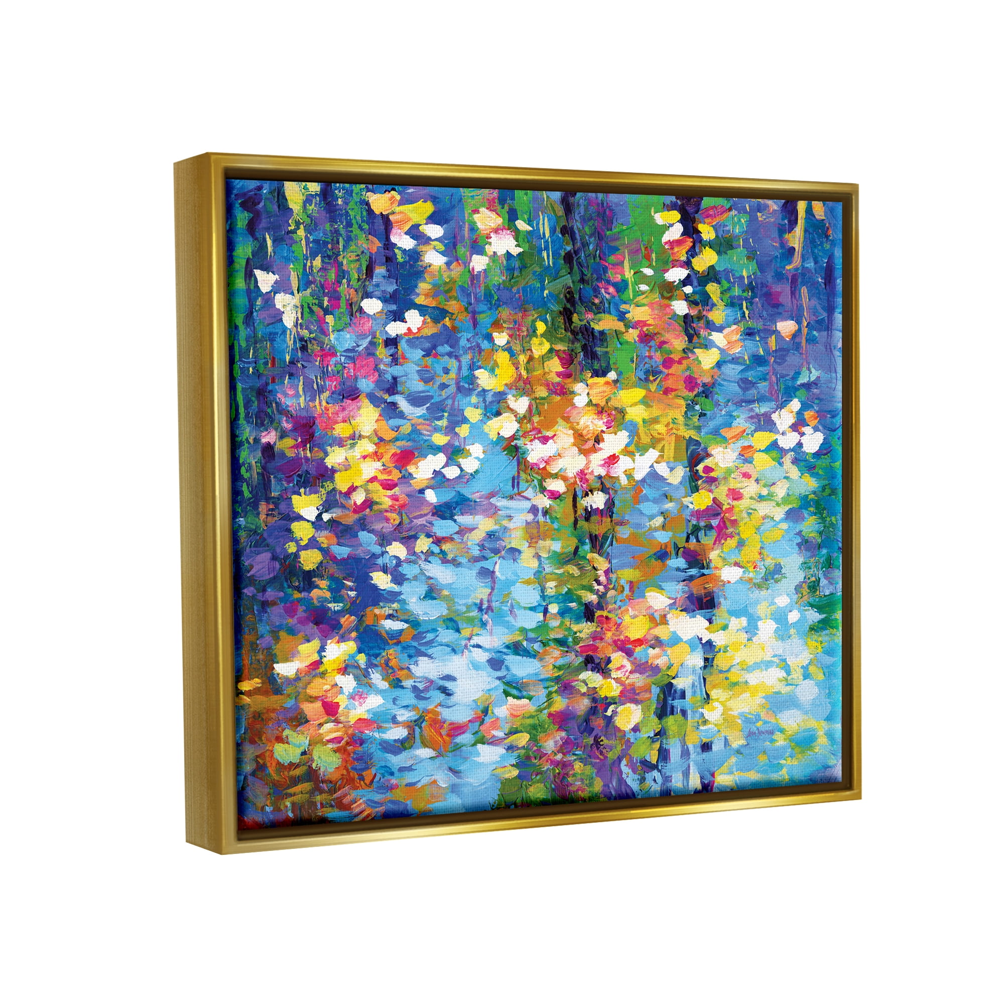 Stupell Industries Colorful Reflections Lake Flowers Landscape Painting Gold Floater Framed Canvas Art Print Wall Art, 21 x 17