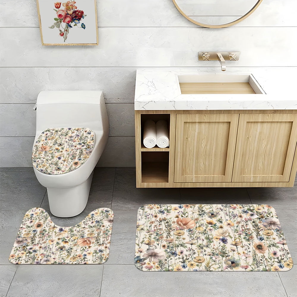 Farmhouse Floral Shower Curtain for Bathroom,Rustic Boho Wildflower and Beige Botanical Fabric 4 Pcs Shower Curtain with Hooks,Spring Country Theme Bathroom Curtains Shower