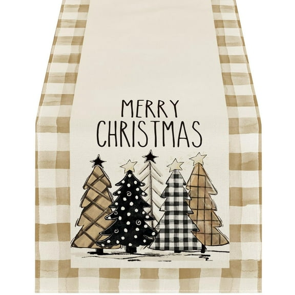 BallsFHK 13x72 Inch Mode Waterclor Plaid Christmas Trees Merry Xmas Table Runner, Seasonal Winter Holiday Kitchen Dining Table Christmas Decoration For Indoor Home Party