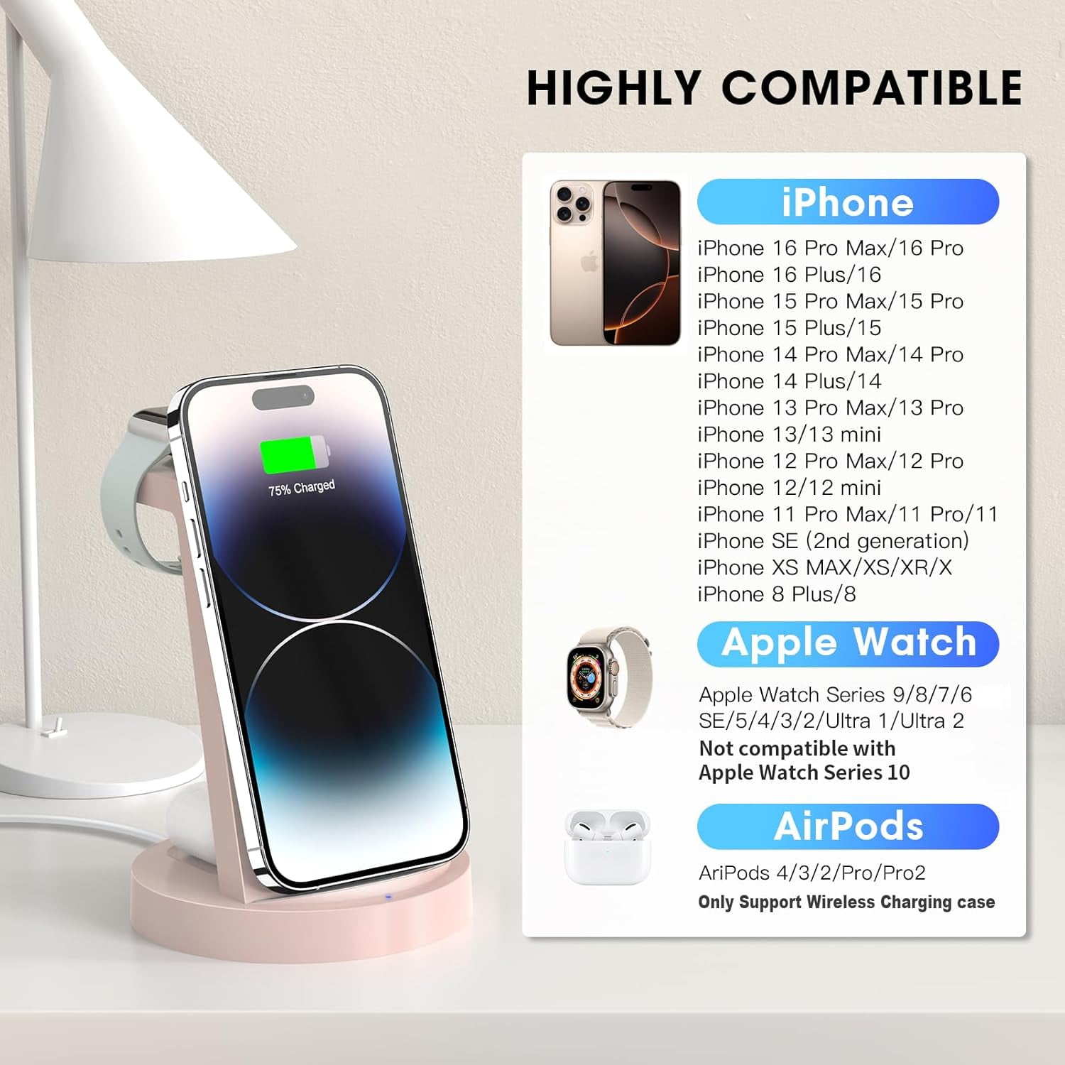 ETEPEHI Wireless Charging Station: 3 in 1 Wireless Charger Compatible for iPhone iWatch Airpods -Pink