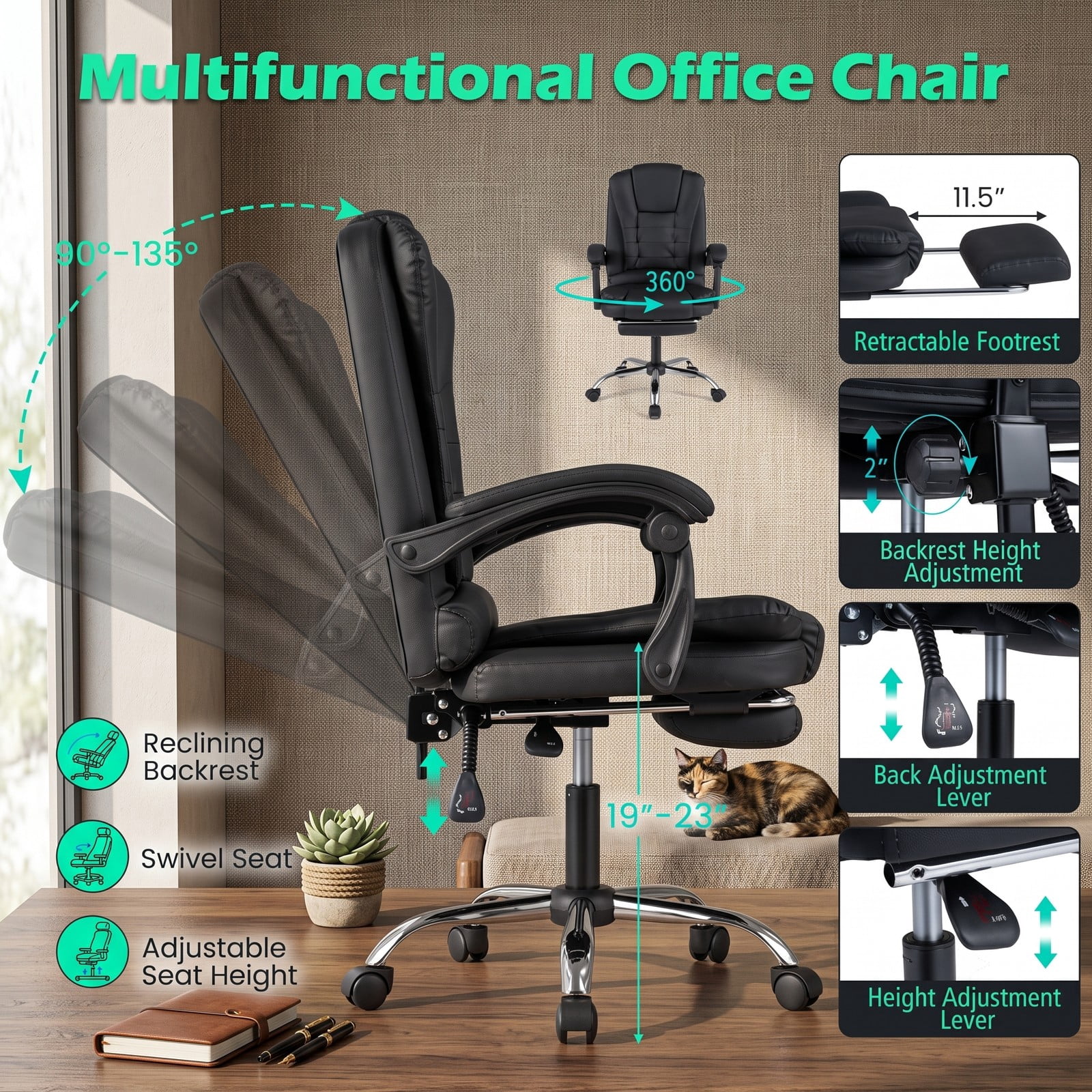 Furnibear Massage Office Chair with Footrest, Reclining High Back and Swivel Seat, Ergonomic USB Vibration Executive Computer Desk Chair with Adjustable Padded, Black