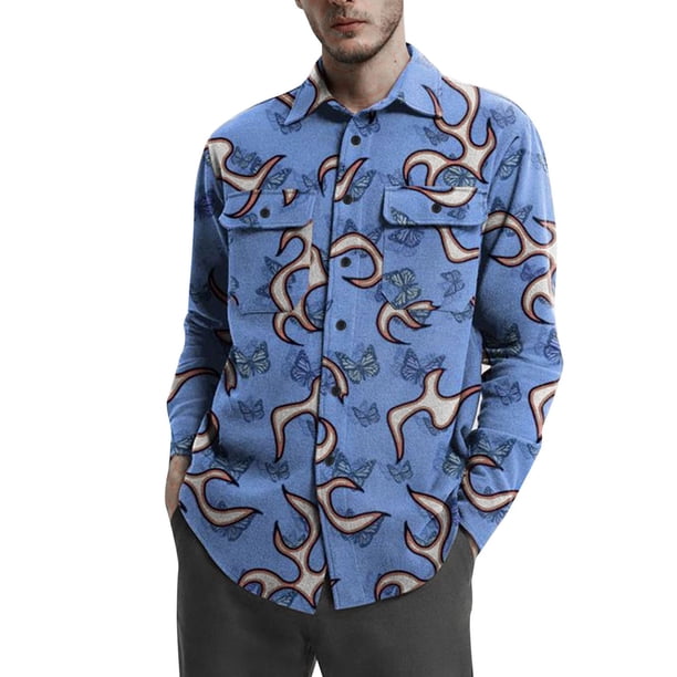 Camisas s Para Hombre Manga Larga Top de otoño e invierno para hombre, camisa de tamaño con estampado de botones, bolsillo de solapa, abrigo informal, chaqueta, blusa superior, camisas (Blue, XXL)