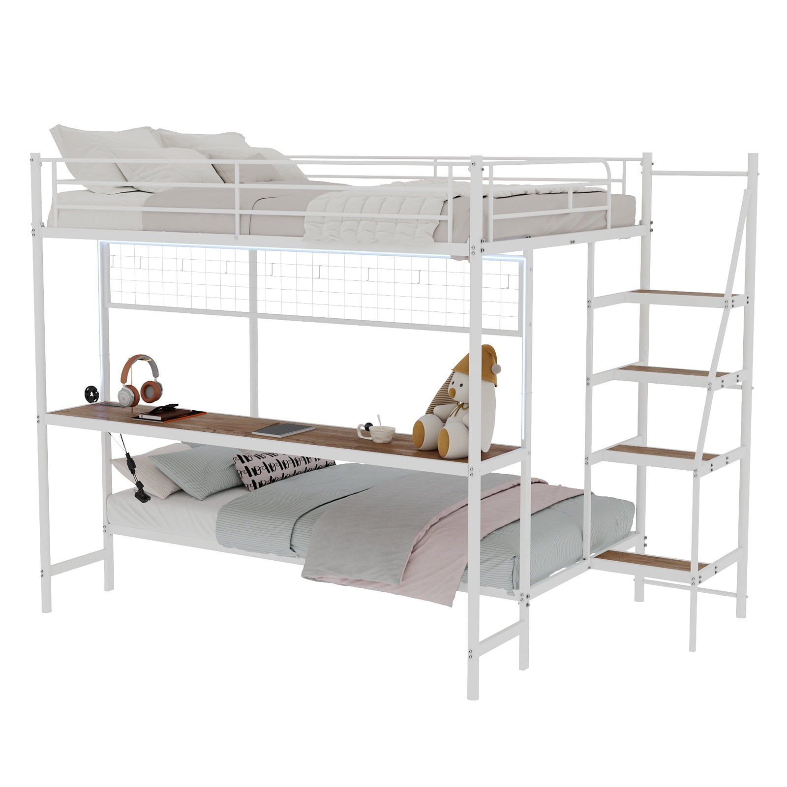 Alvantor Full over Twin Bunk Bed with Desk & LED Lighting, Metal Bunk Bed Frame for Kids/Teens, No Box Spring Needed White