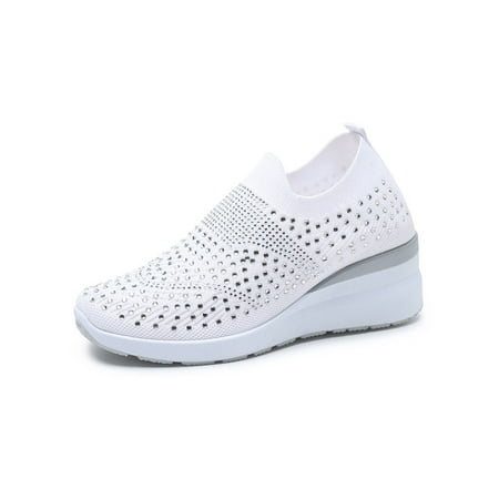 

UKAP Women Daily Casual Sneakers Low Top Rhinestone Wedges Sock Shoes