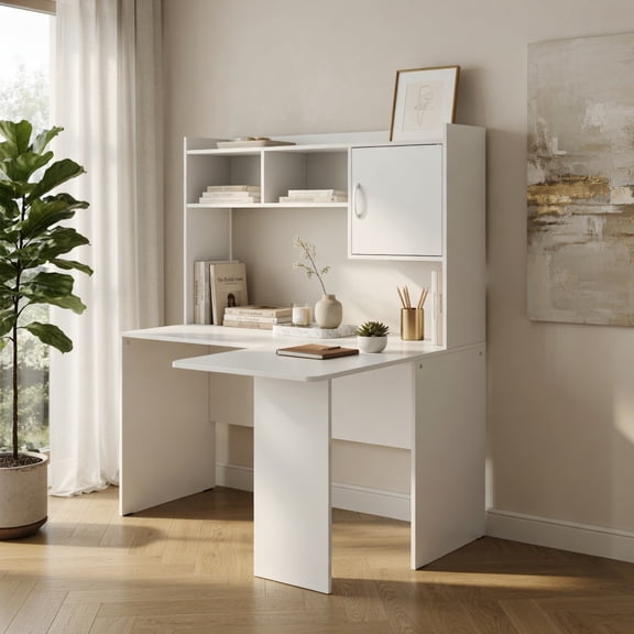 Demi Bonn L-Shaped Desk Corner Computer Desk with Open Storage Hutch and Cabinet, Small Home Office Desk Study Writing Table, White
