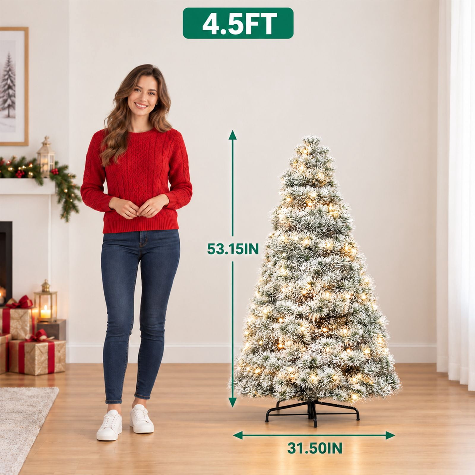 Alvantor Pre-Lit Christmas Tree, Flocking 4.5 FT Hinged Spruce, 120 LED Lights, 347 Tips