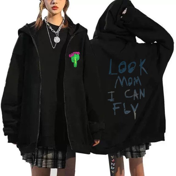 CACTUS JAC Merch Unisex Oversized Soft Pure Zip-Up Hoodie - Retro Washed Graphic Print Kangaroo Pocket Casual Streetwear
