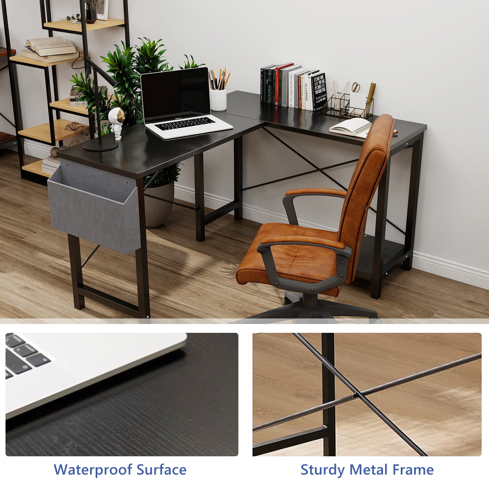 L Shaped Desk, 50 inch Reversible Corner Computer Desk with Storage Shelf & Side Bag, Home Office Working Workstation Gaming Table, Black