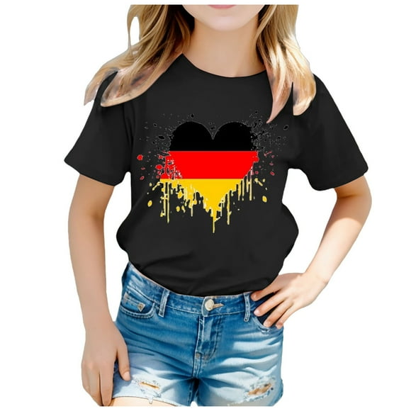 FhsagQ Tops Shirts for Girls 10-12 White Kid Flag of Germany Print Short Sleeve Round Neck T Shirt Floral Fashion Trend Bottom Shirt Christmas Shirts for Girls Black 10-11 Years