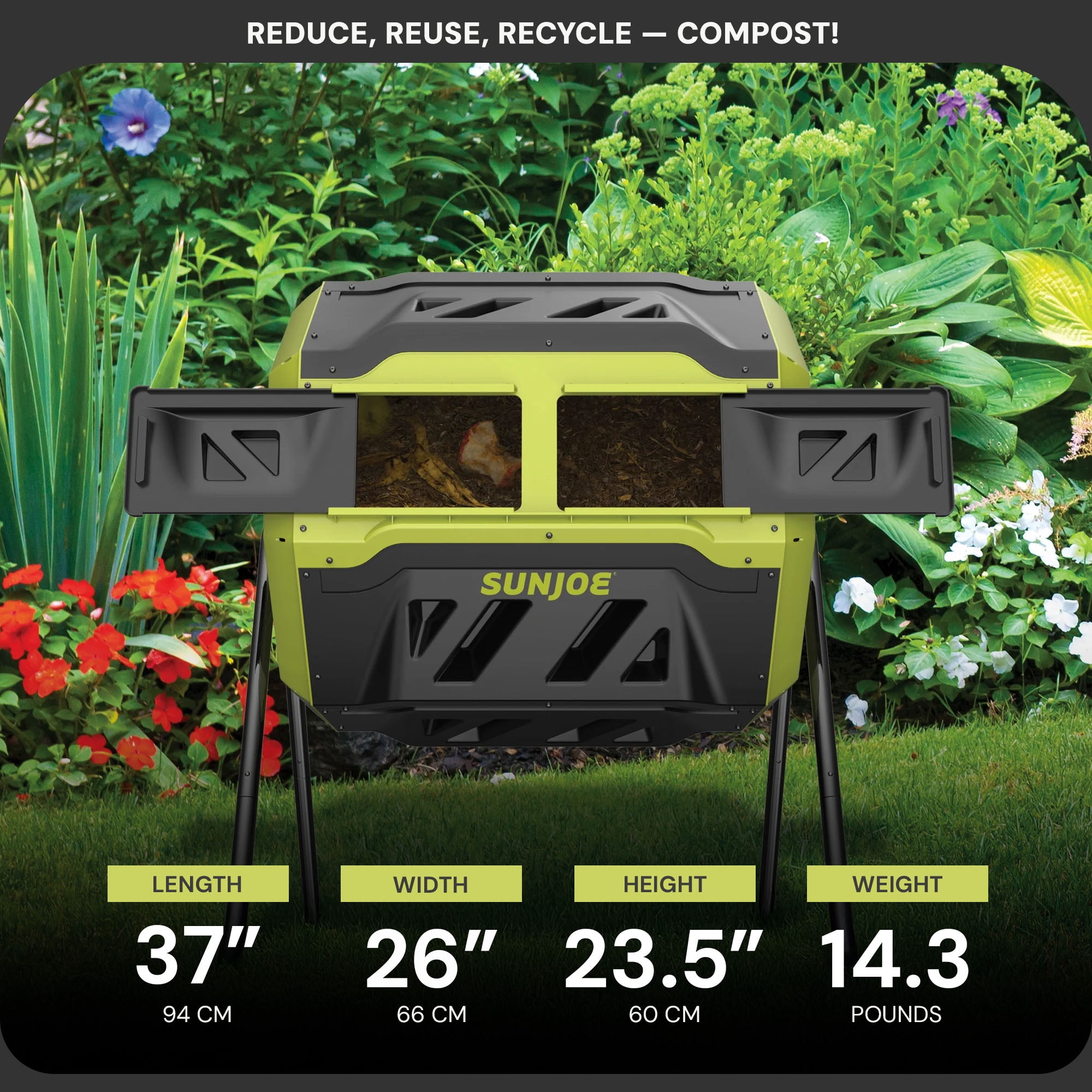 Sun Joe Outdoor Tumbling Composter, Dual Chamber, 2-10 Weeks Compost, 42 Gallon, SJ-CMPS1