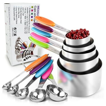 18/8 Stainless Measuring Cups and Spoons Set ,10 Piece Stainless Steel Measuring Spoons and Cups with Colored Soft Silicone Handles and Clearly Scale for Cooking and Baking