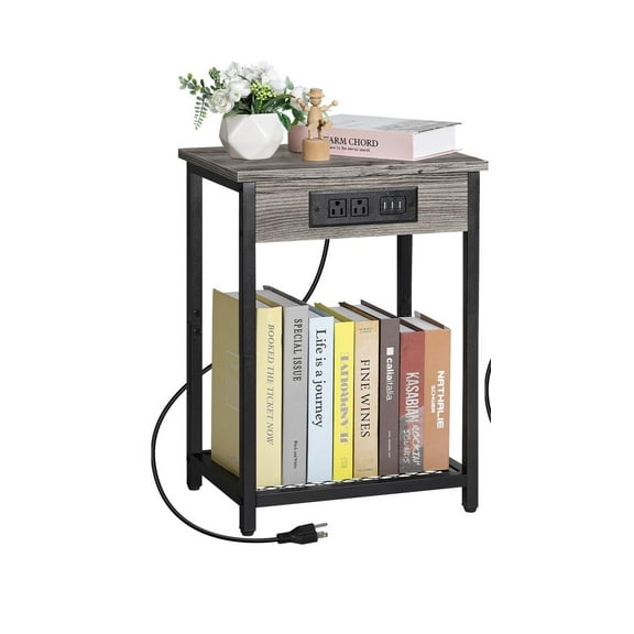 OYEAL 2-Tier Nightstand with Charging Station, Dark Grey Bedside Table with USB Ports & Outlets, Side Table for Adults in Bedroom & Living Room