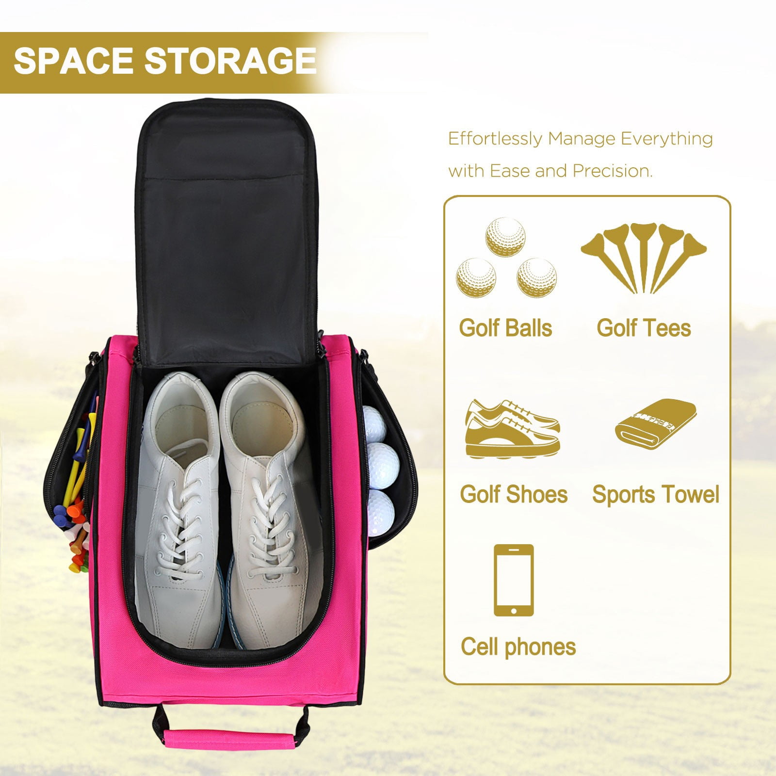 Golf Shoe Bag Portable Oxford Breathable Dustproof Travel Shoe Carrier with Side Pocket Double Zipper for Men Women Fits Up to Size 14 Hot Pink