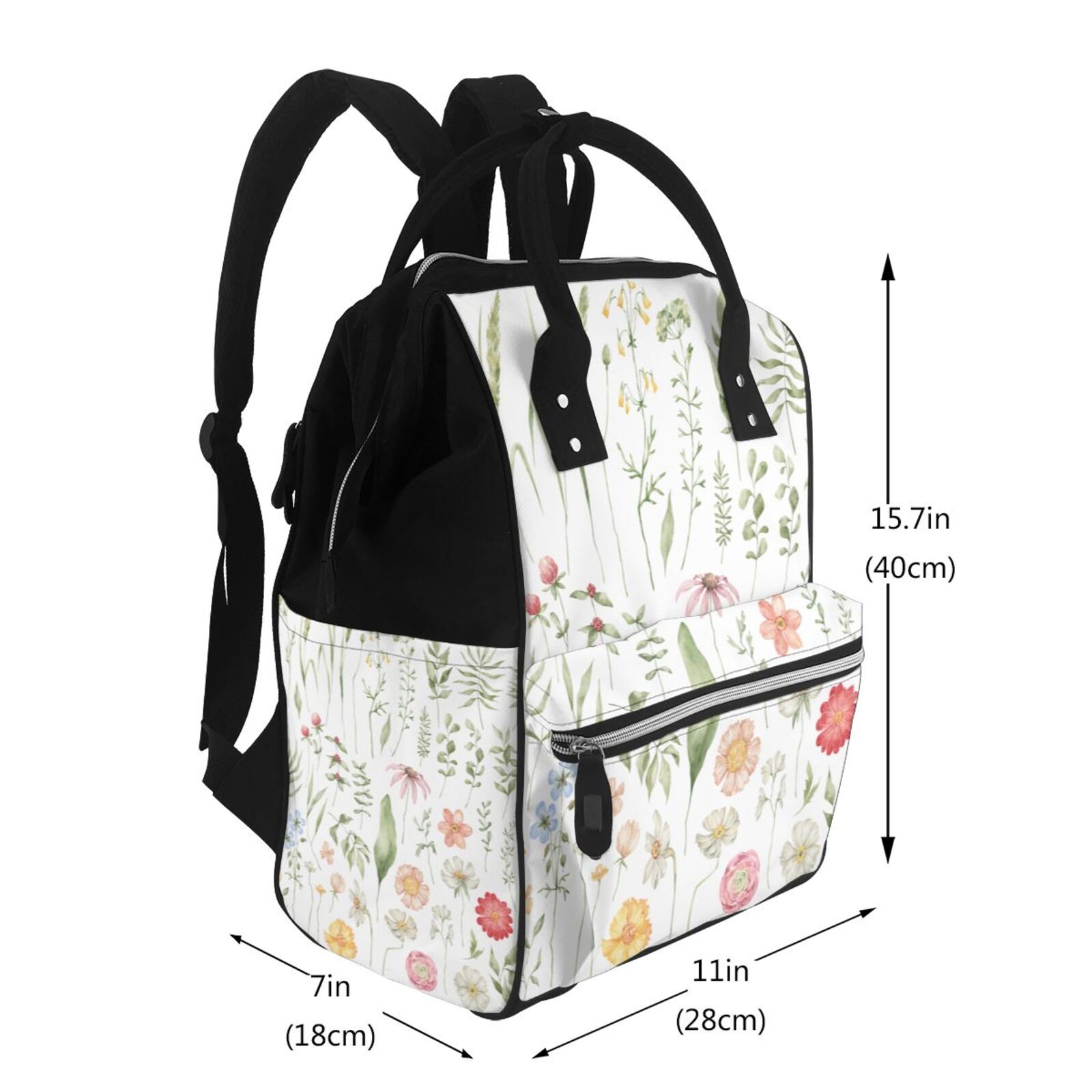 Ratiio Wildflower Watercolor 2 Mummy Backpack - Waterproof Twill Canvas, Large Capacity Diaper Bag with Multiple Pockets and Adjustable Straps