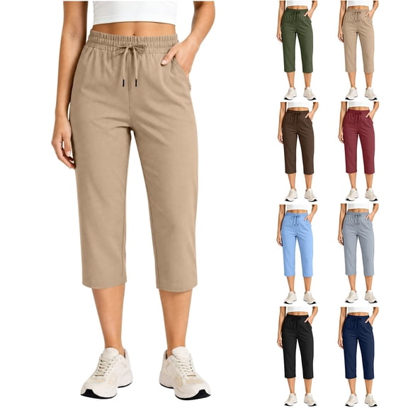 Tqcoqu Women's Drawstring Waist Capri Pants with Pockets,Straight Leg Elastic Summer Casual Pants,Beige Women's S-XXXL