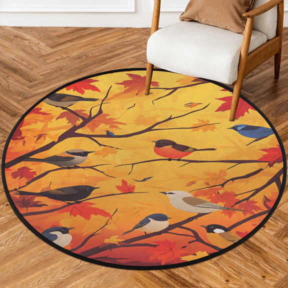 CURLYOOT Round Rug 3ft Birds Fall Maple Leaf Area Rug, Washable Circle Mat Non Slip Floor Carpet Mat, Soft Indoor Rugs for Entryway Living Room Dining Room Bedroom