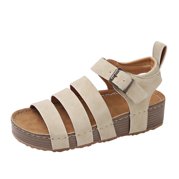 OWUUcdse Women's Wedge Sandals, Non-slip Open Toe Walking Strappy Comfort Sandals Beige Size 5.5