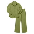 thumbnail image 4 of Women Summer Set Two Pieces Outfit Set Long Sleeve Point Lap Collar Button Down Shirt Wide Leg Pants Casual Vacation Matching Pants Set, 4 of 4