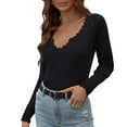 thumbnail image 1 of Bowake Women's Fall Ribbed Knit Tops Ruffled V Neck Solid Color Basic Shirt Slim Fitted Casual Stretch Going out Tees, 1 of 6