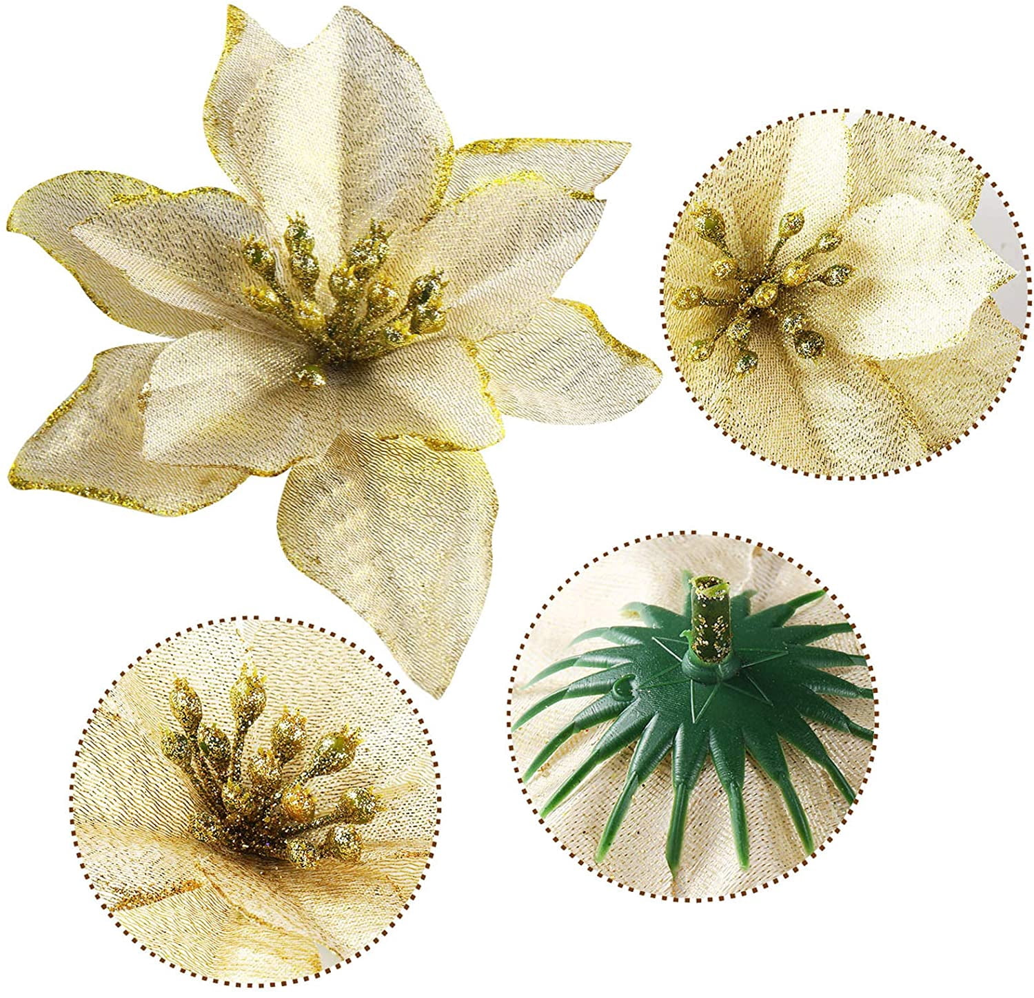 6PCS Glitter Christmas Artificial Flowers Christmas Poinsettia Decor Christmas Tree Wreaths Ornaments for Christmas Home Wedding Party